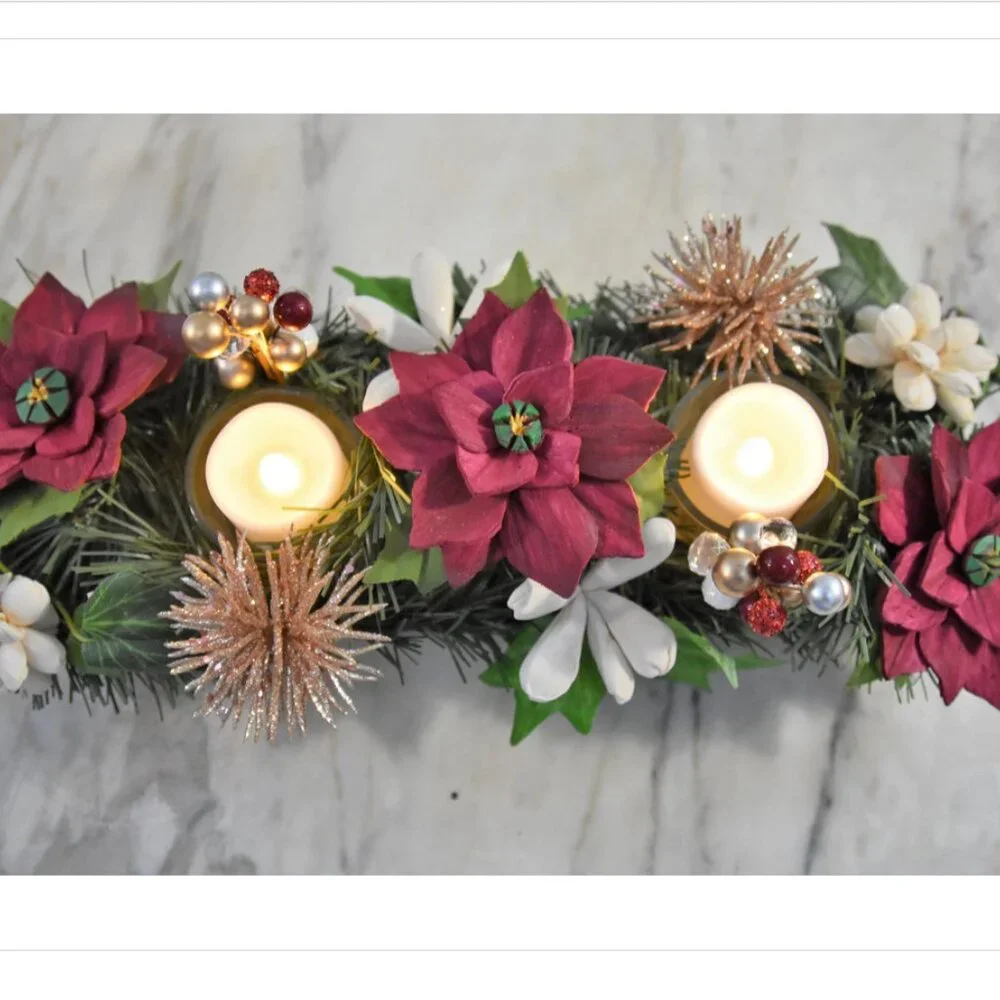 Festive Centerpiece! Galvanized metal tray w/burgundy Sola Poinsettia w/candles
